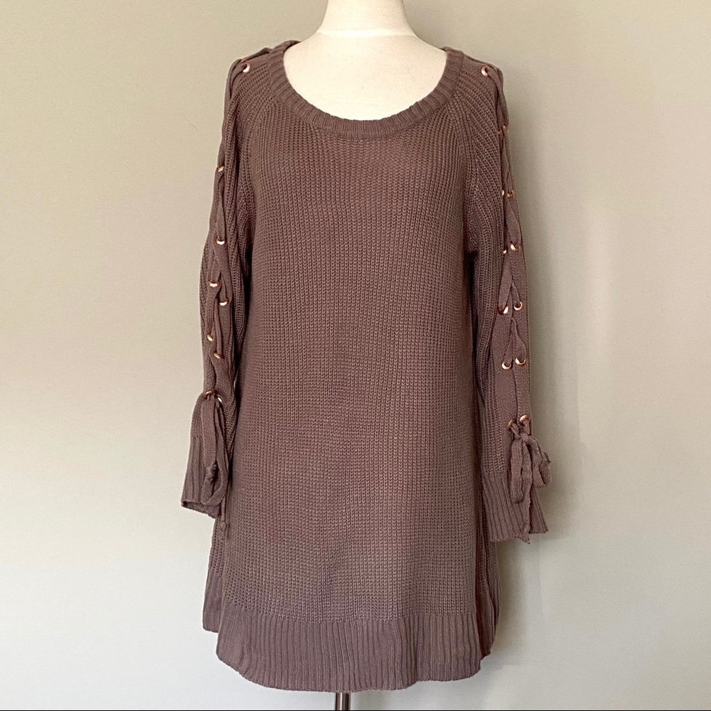 Listicle Tan Lace-up Sleeve Sweater Dress, Small